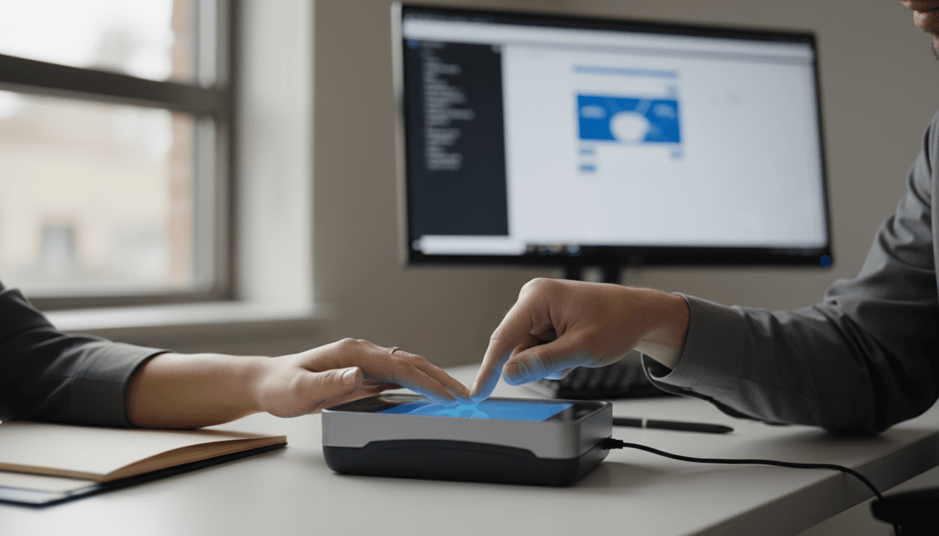 Fingerprinting technician guiding a client's hand on a digital live scan device in a professional office