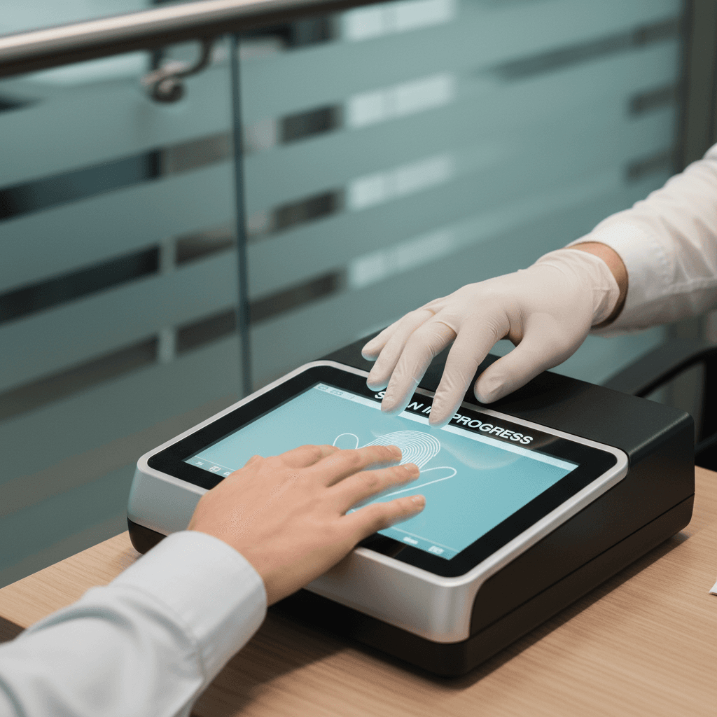 Technician guiding a client's hand on a live scan device