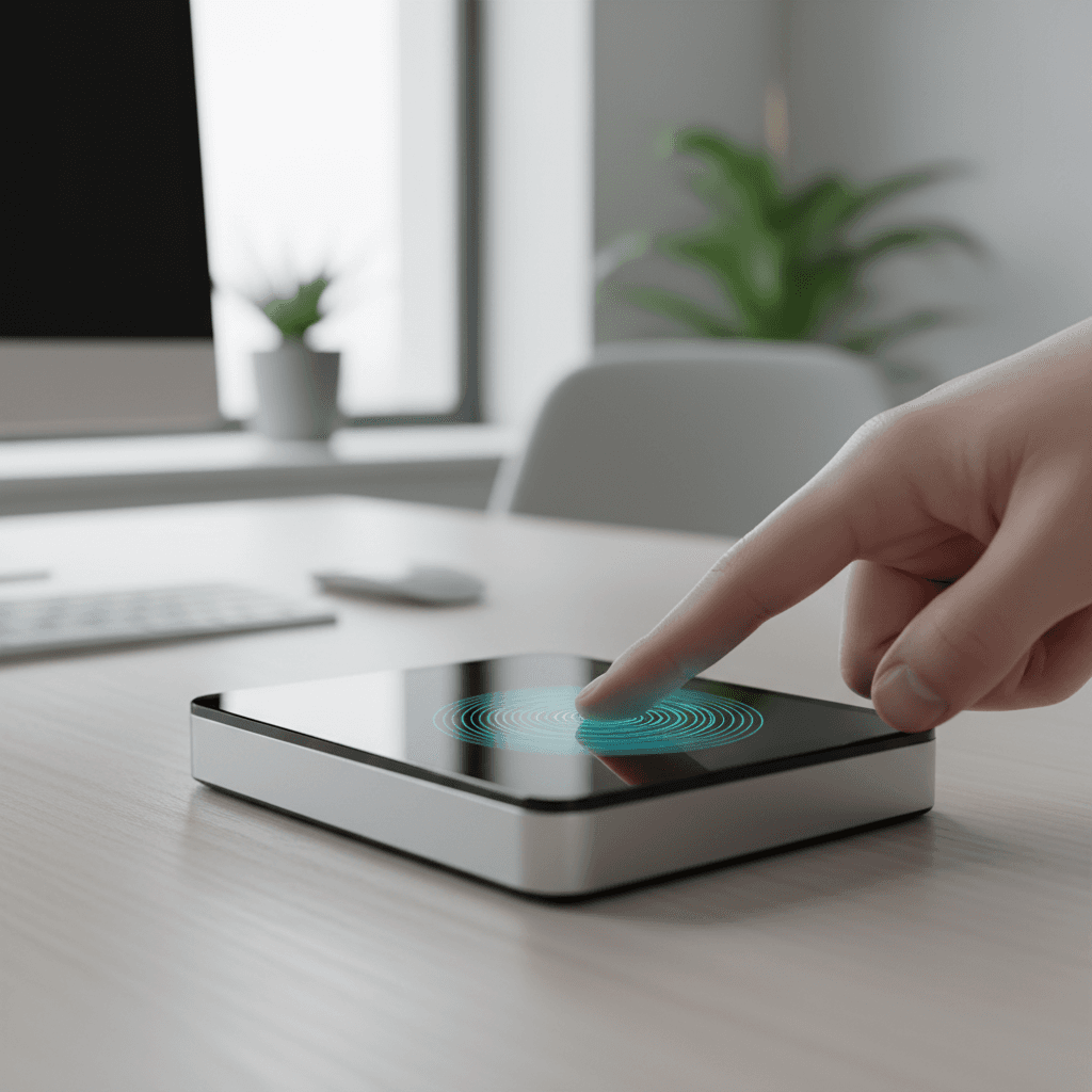 Close-up of a digital fingerprint scanner in a professional office