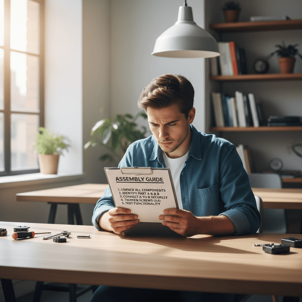 Person reading instructions on a clipboard at an office desk