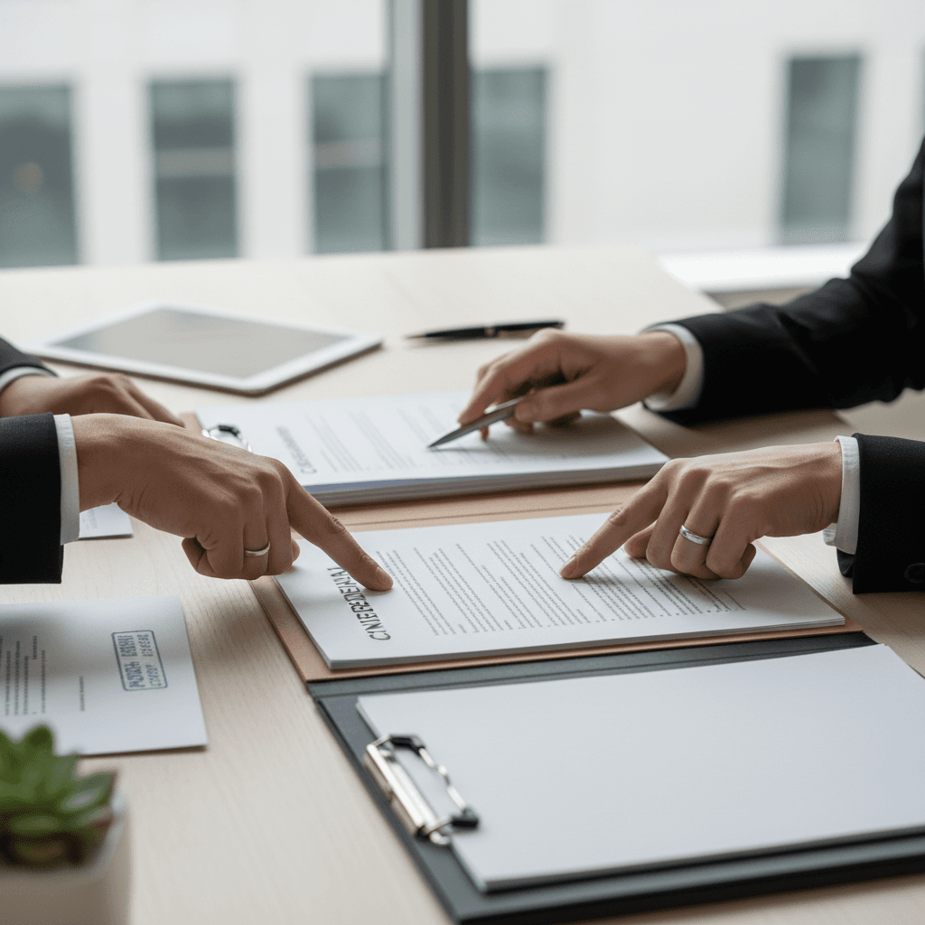 Hands reviewing official paperwork on a clean desk