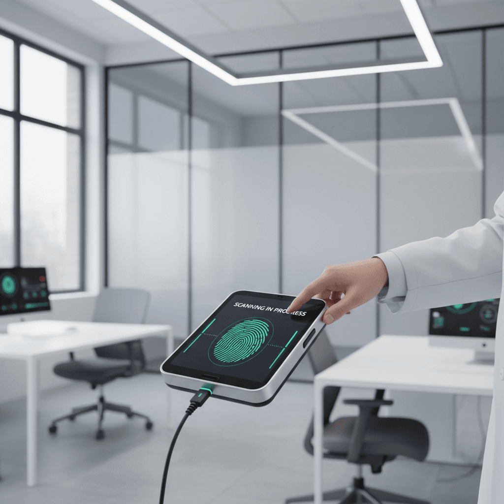 Digital fingerprint scanner capturing prints in a bright office