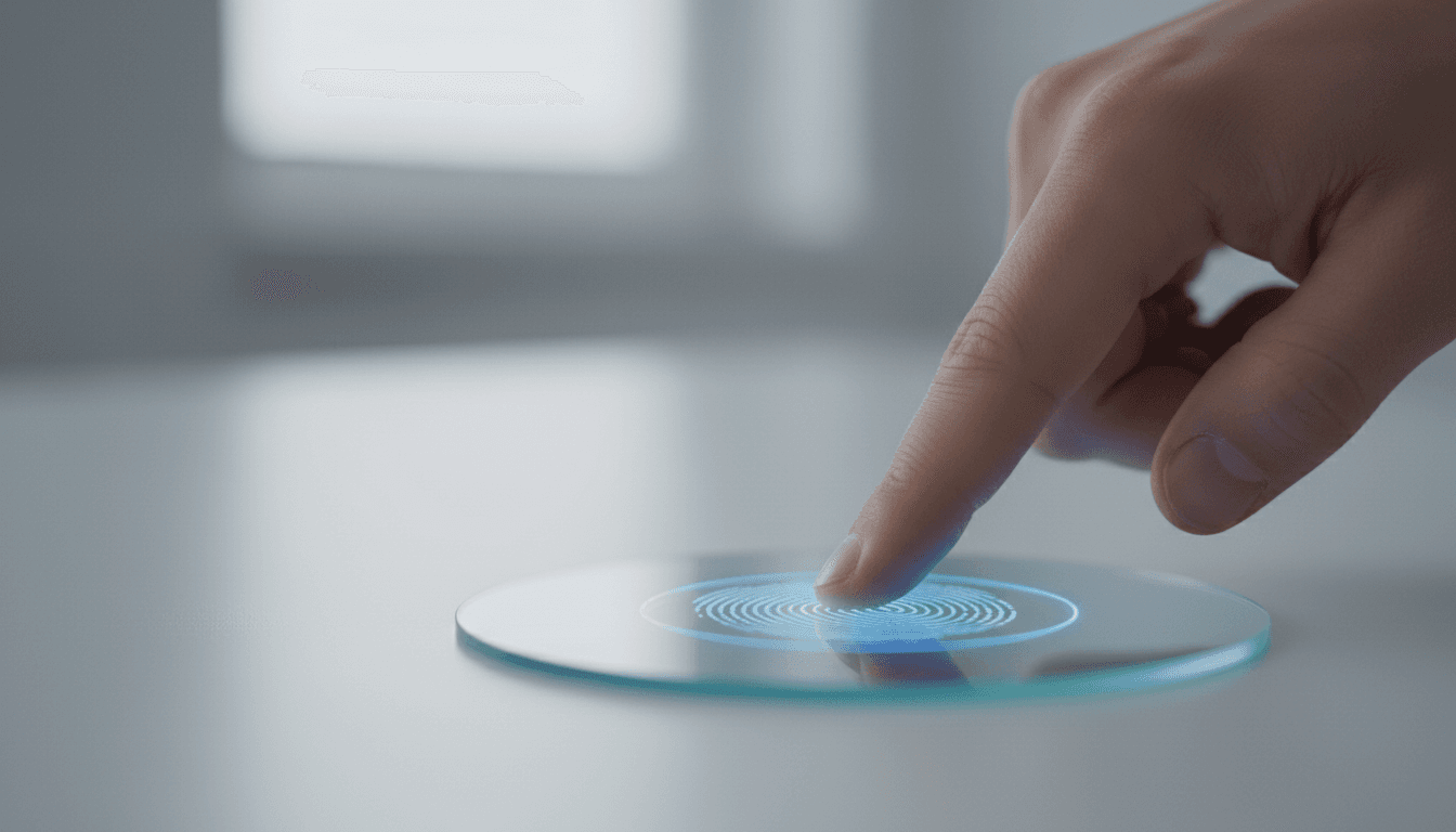 Close-up of a finger being scanned on a digital fingerprint scanner with blue glow