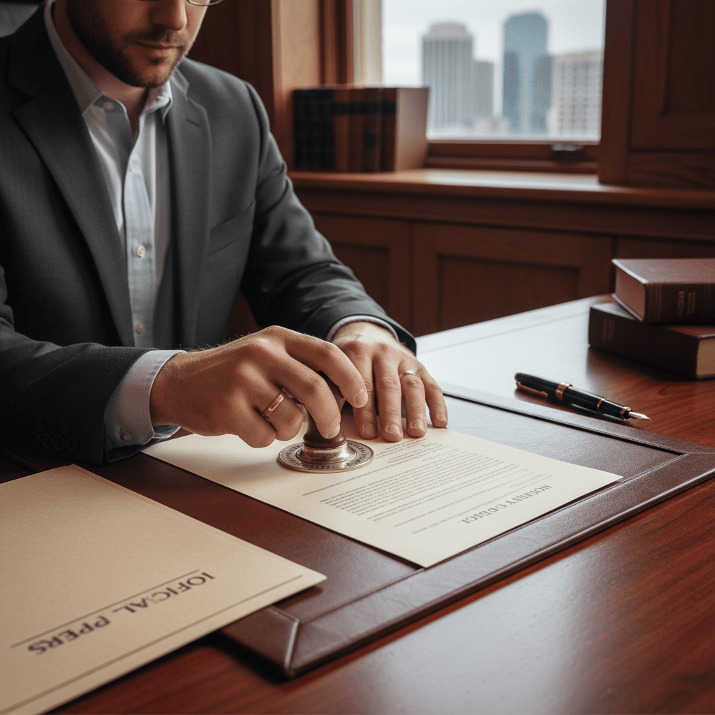 Notary stamping and signing an official document at a wooden desk in an office