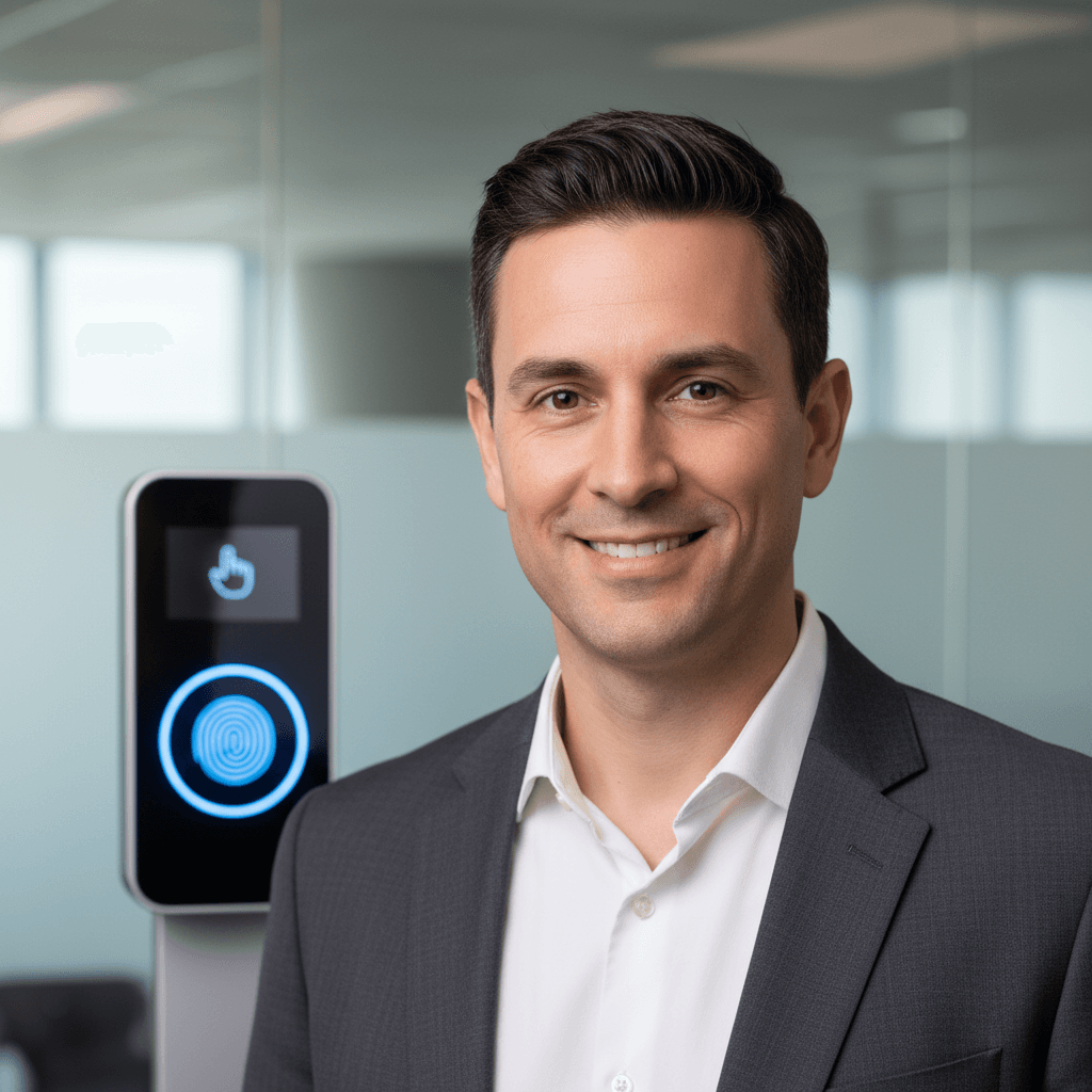 Professional specialist smiling with a fingerprint scanner blurred in the background