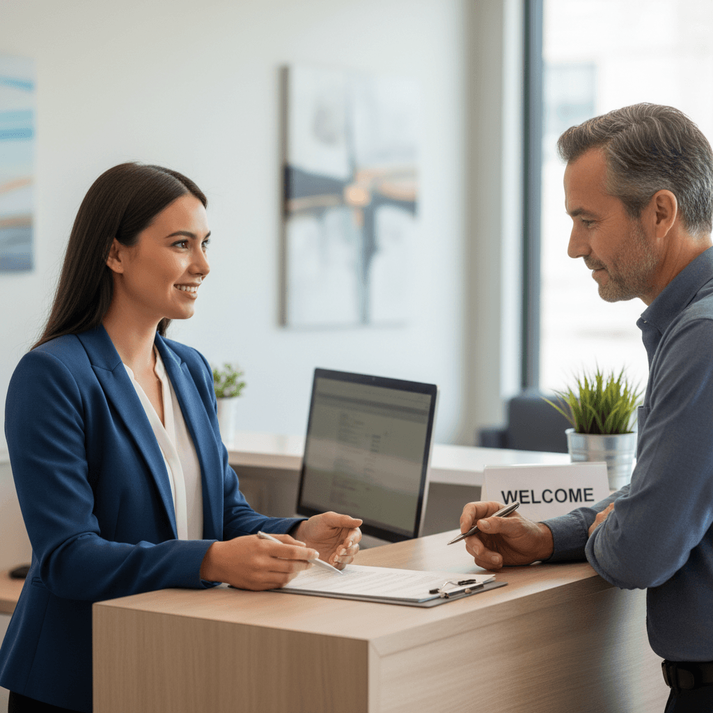 Professional explaining paperwork to a customer at a front desk