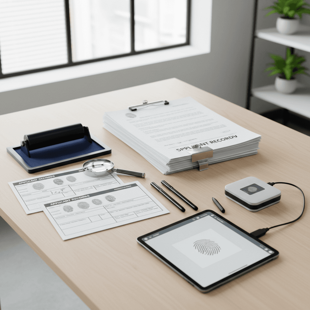 Organized ClearPrint desk with fingerprinting equipment ready for a FINRA submission