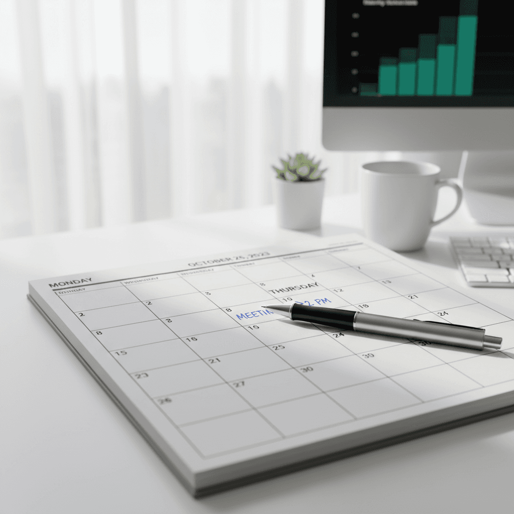A scheduling calendar with appointments marked in a bright office setting