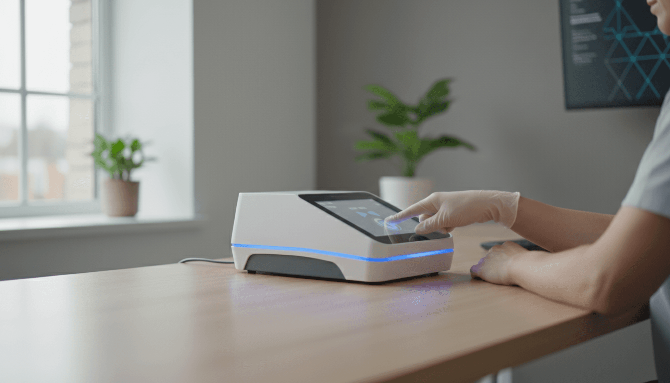 Technician guiding a client's hand on a digital fingerprint scanner in a bright Medford office