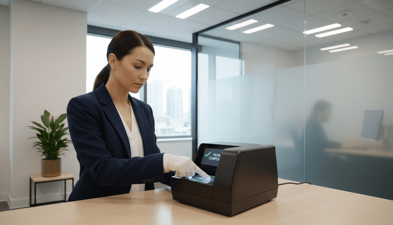 Fingerprinting technician using a live scan device in a clean, modern office setting