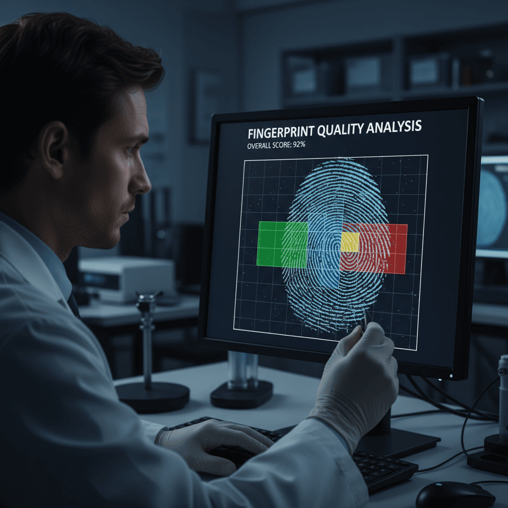 Technician examining a fingerprint scan on a monitor