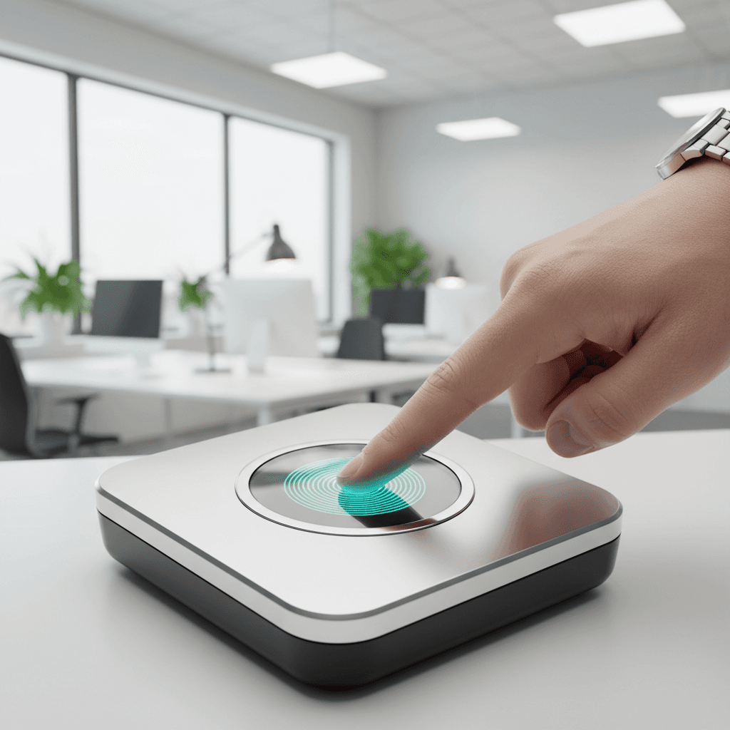 Close-up of finger pressing on a digital fingerprint scanner