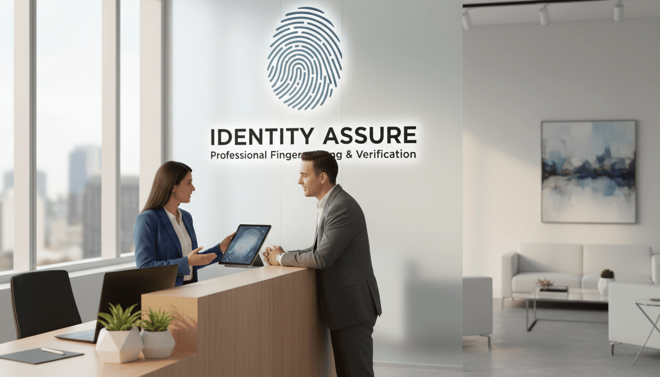 Professional fingerprinting specialist at reception area in bright modern office