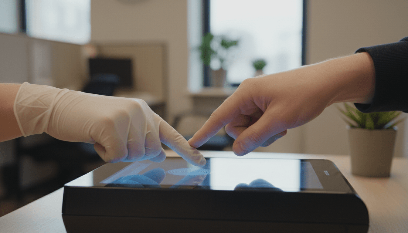 Technician guiding a client's hand on a fingerprint live scan device in a clean office