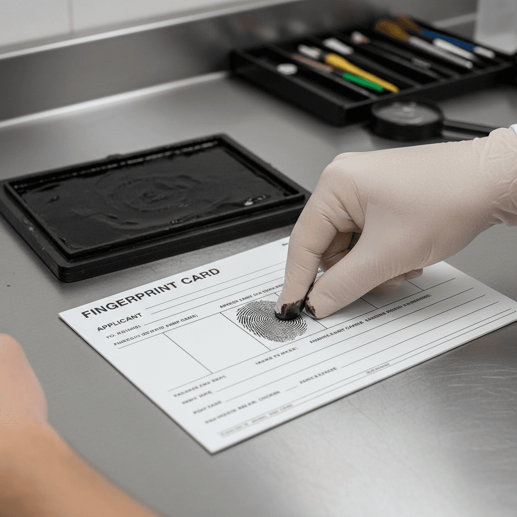 Technician rolling fingerprints onto an FD-258 ink card at a fingerprinting station
