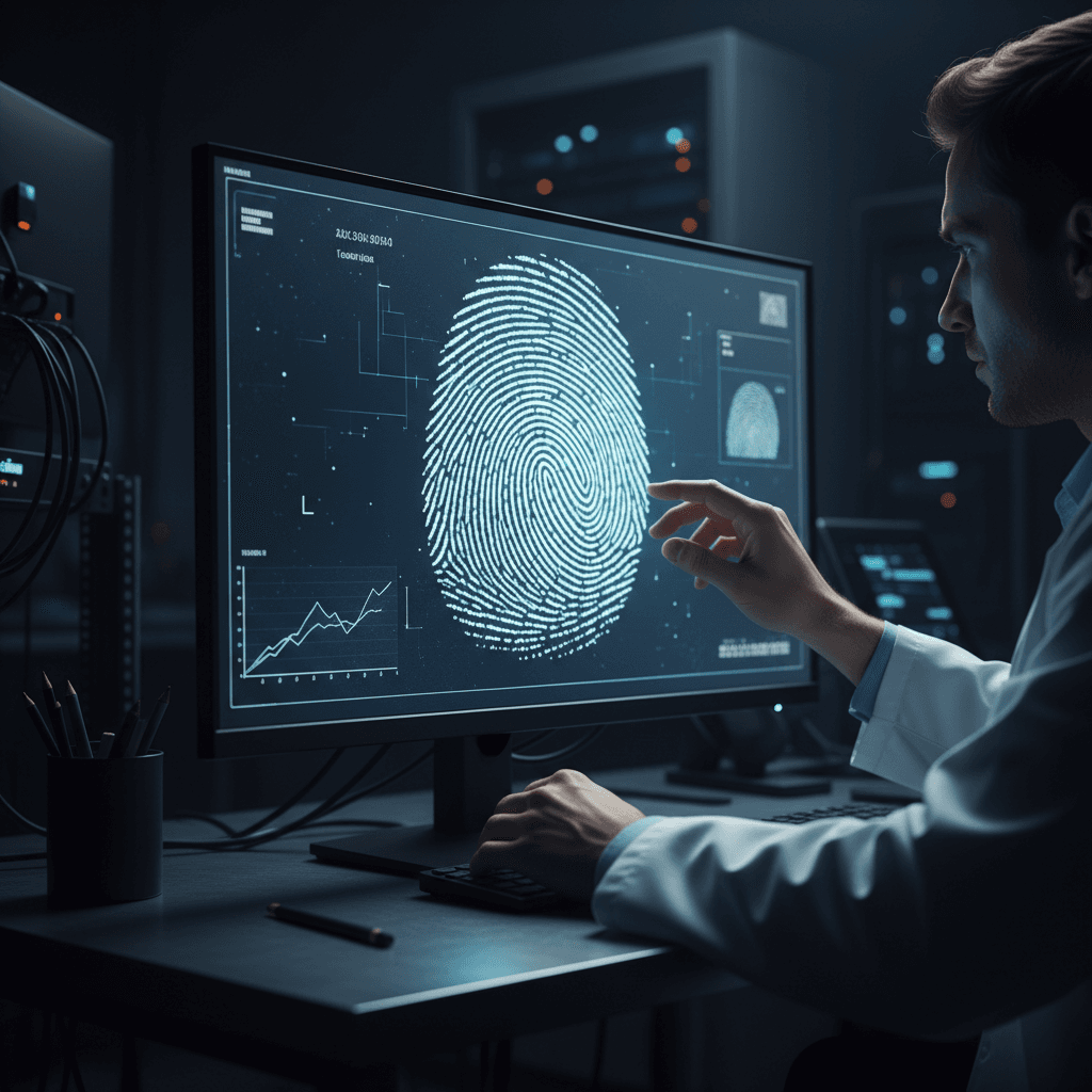 Specialist reviewing fingerprint scan on a monitor