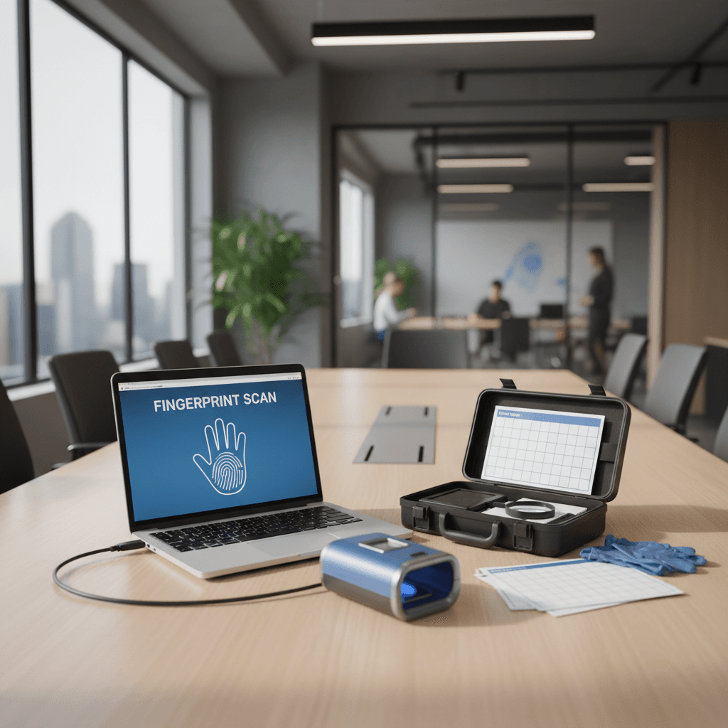 Portable fingerprinting kit being set up in a modern office