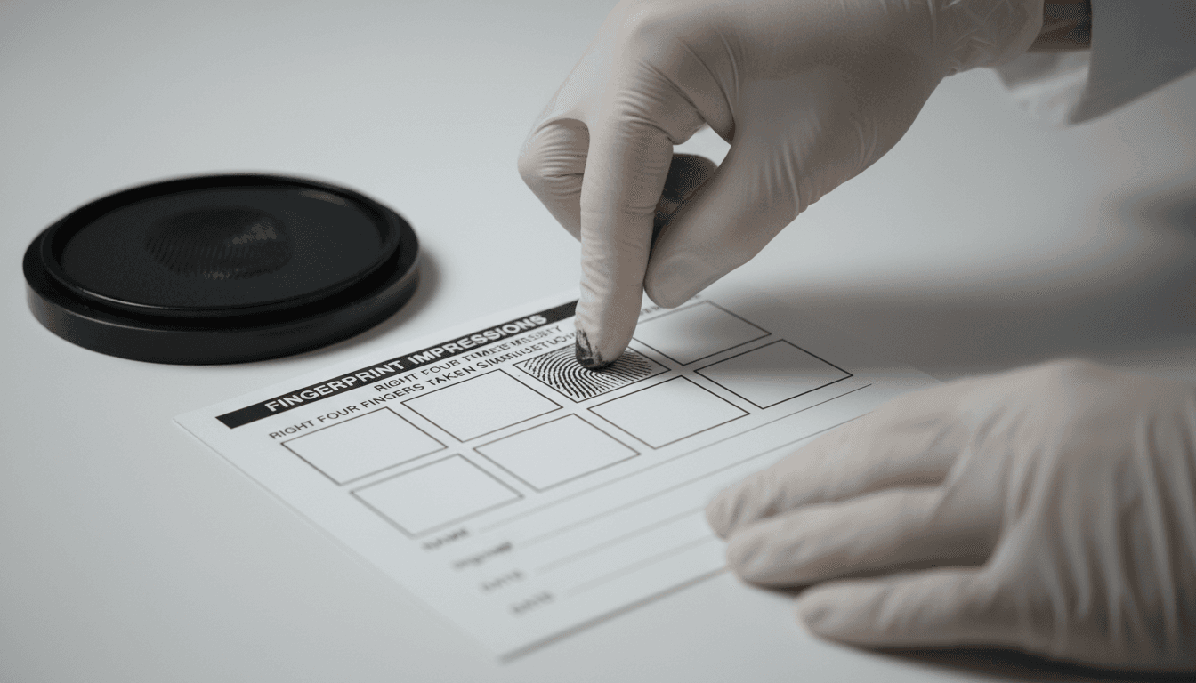 Technician's hands rolling an inked finger onto an FD-258 fingerprint card