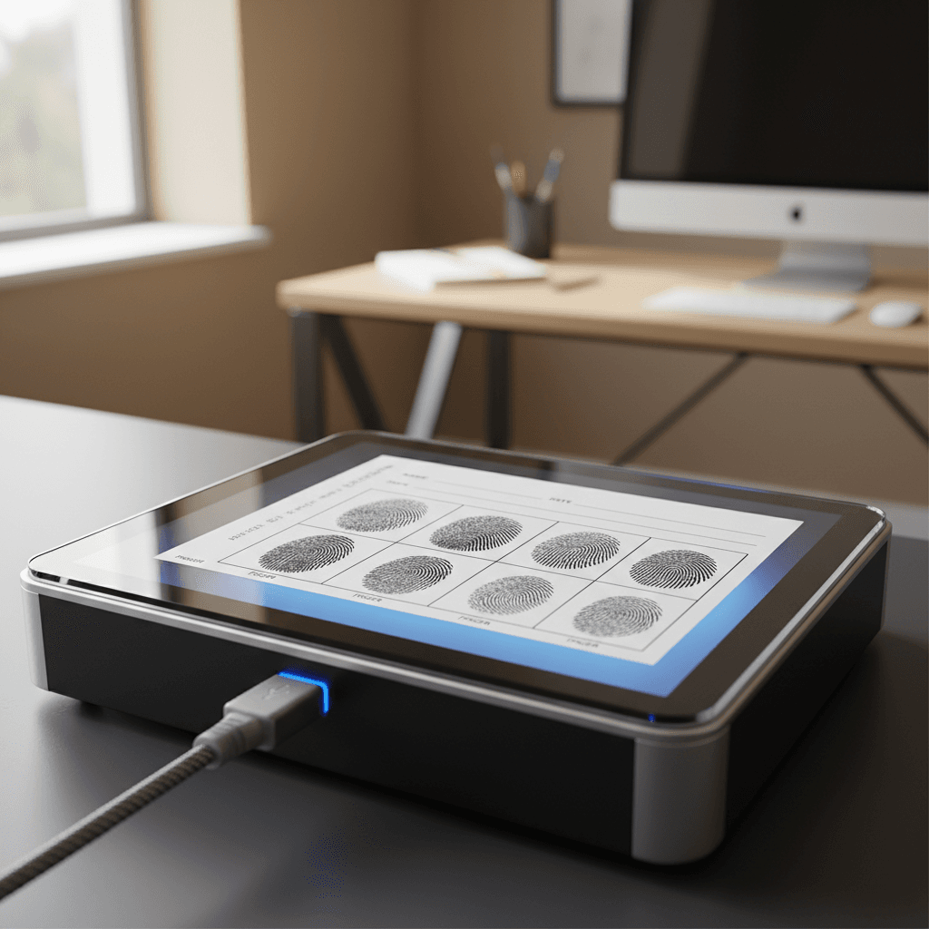 Fingerprint card positioned on a flatbed scanner for digital conversion