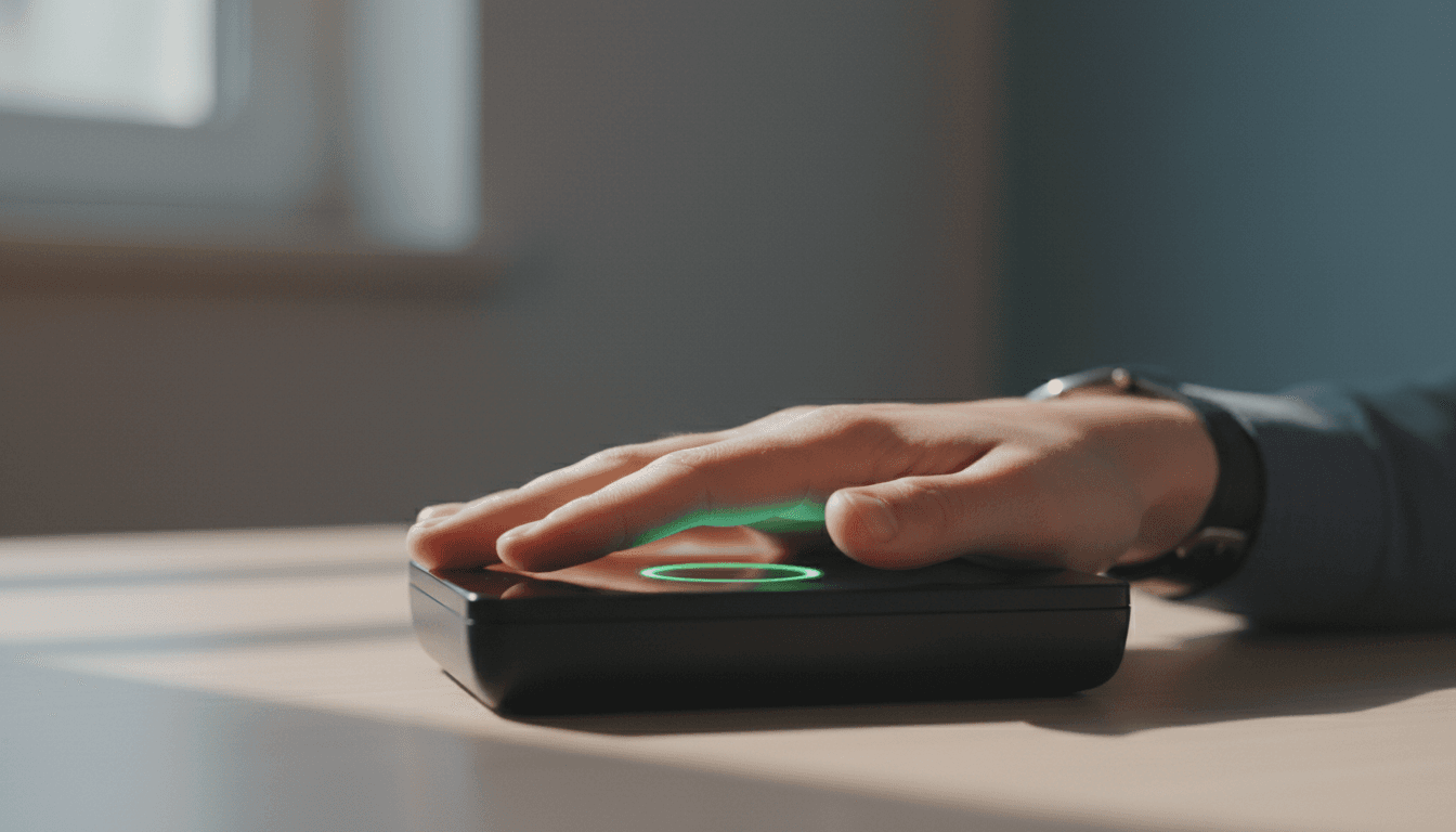 Adult hand resting on a fingerprint scanner, fingers spread naturally