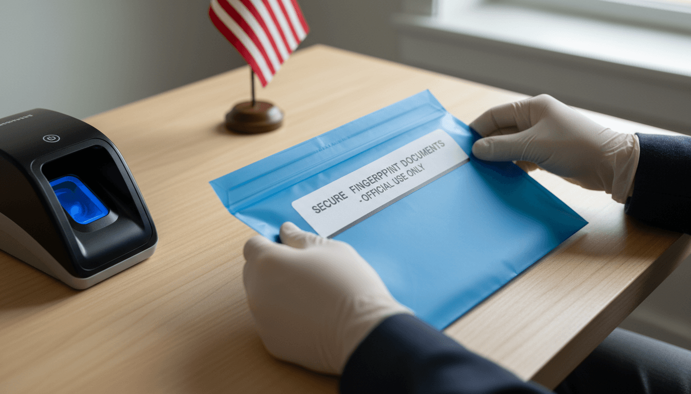 Technician placing a fingerprint card into a secure envelope at a desk