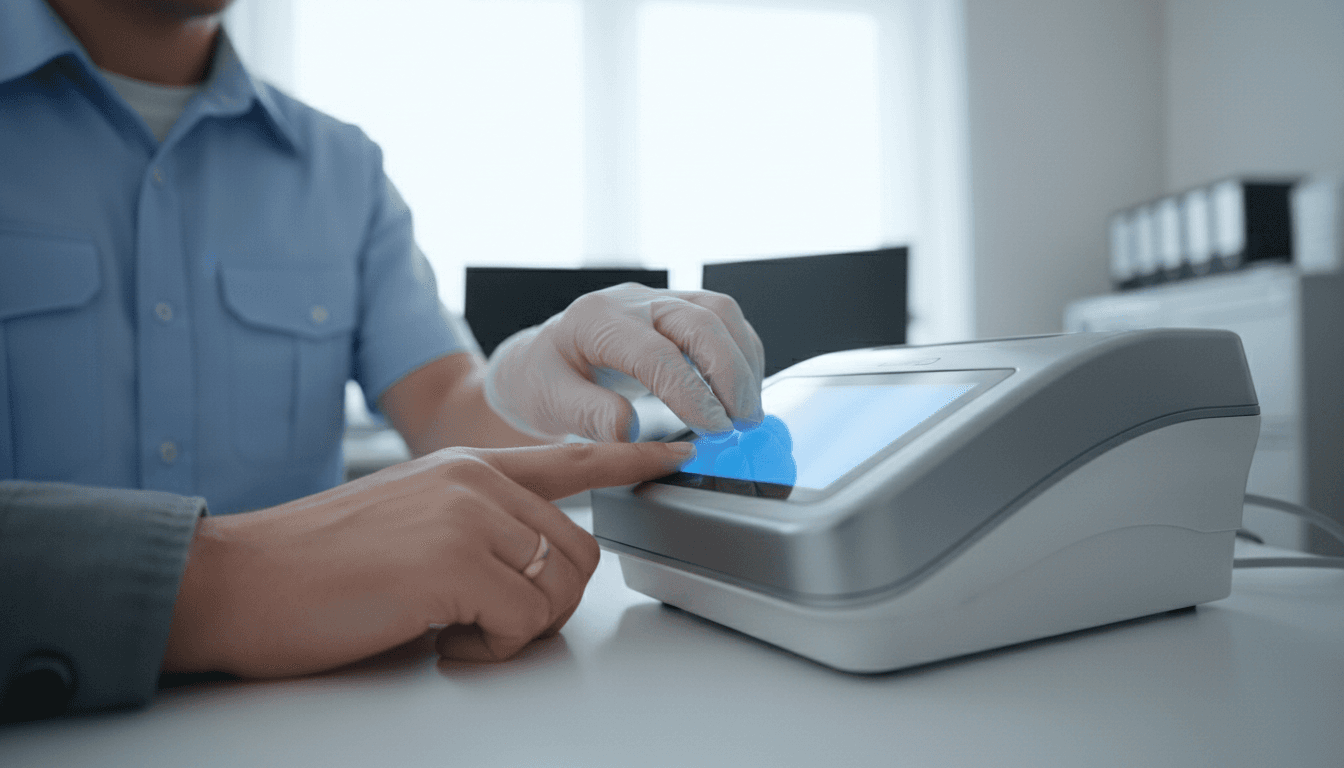 Technician guiding a client's hand on a live scan fingerprint device