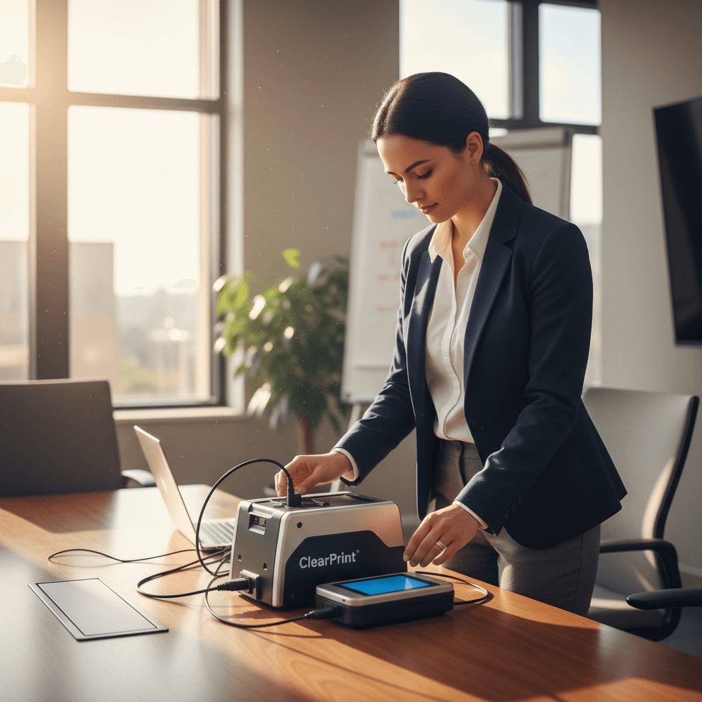 ClearPrint technician setting up mobile fingerprinting gear in an office conference room