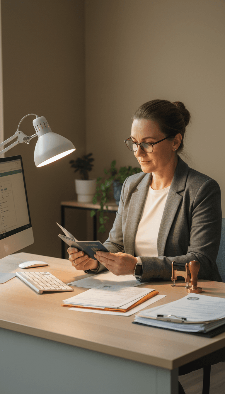 Professional reviewing identity documents at a desk
