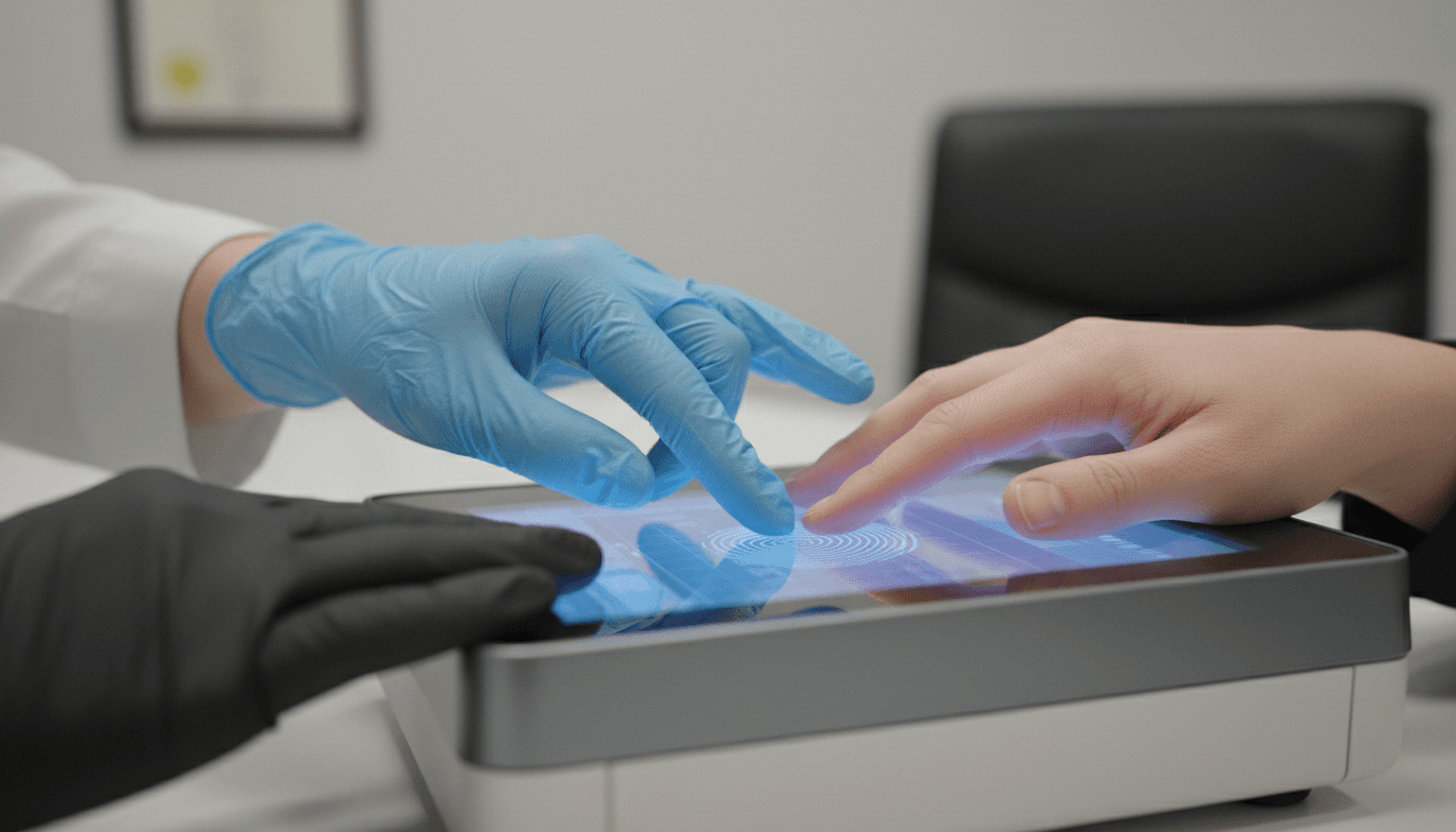 Technician guiding a client's fingers on a digital live scan fingerprinting device