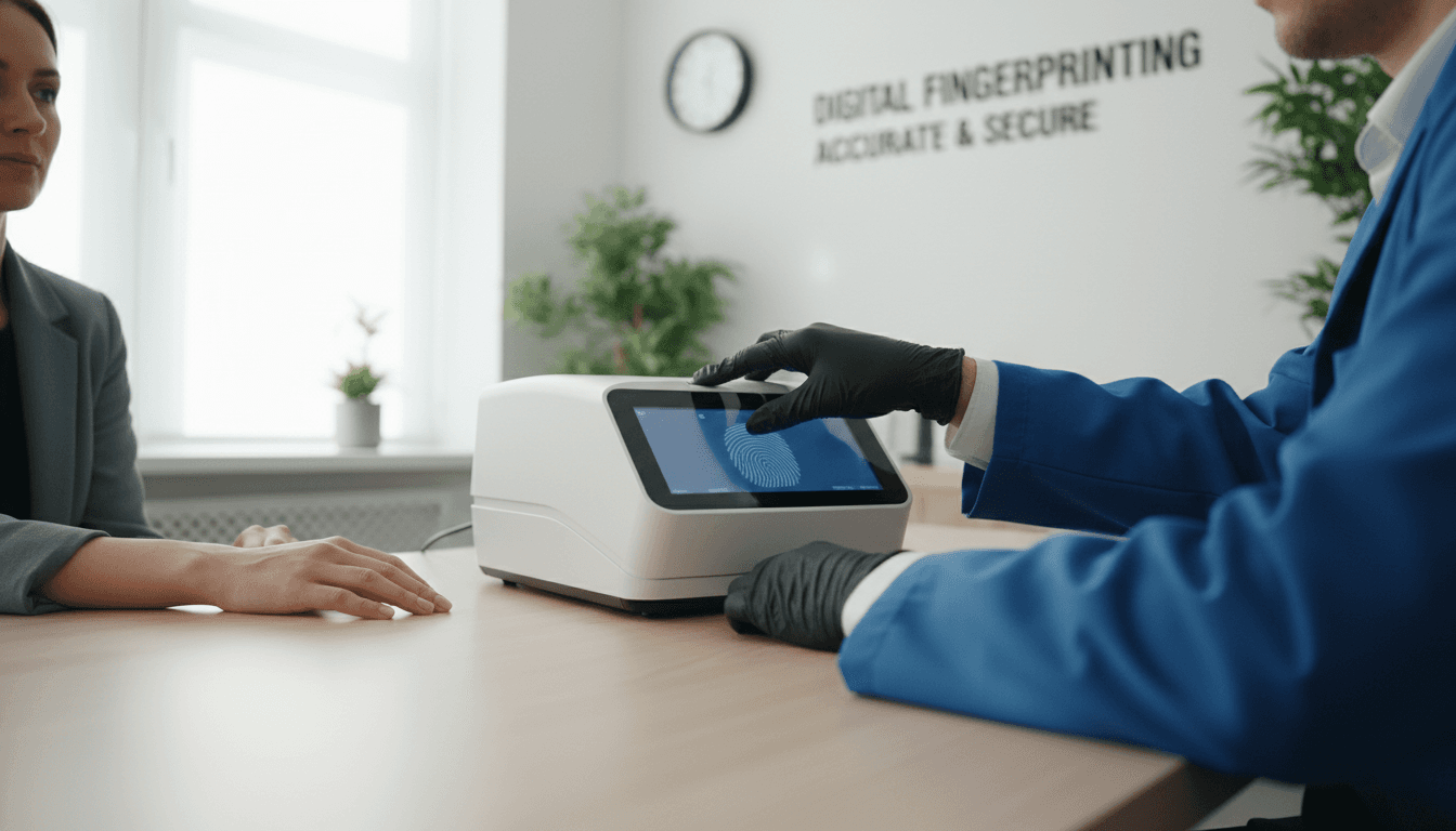 Technician guiding a client's hand on a digital fingerprint scanner in a bright office