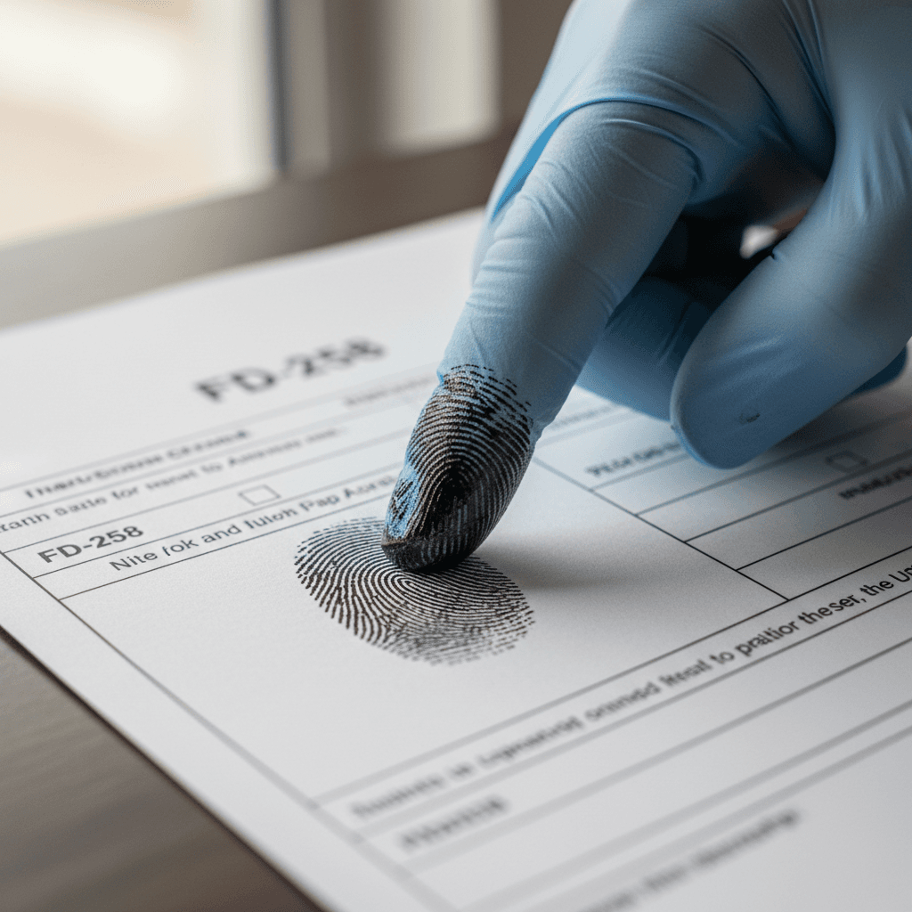 Close-up of a technician rolling a finger onto a clean FD-258 ink card