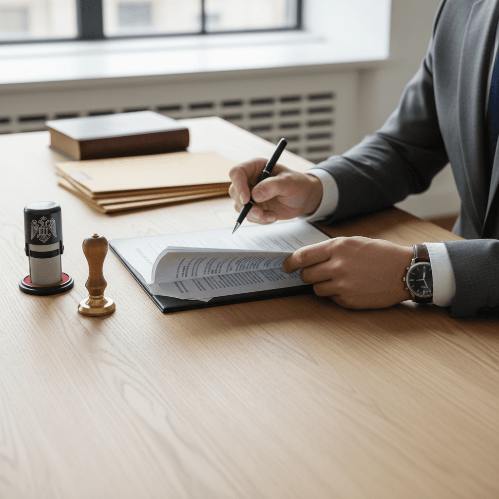 Notary reviewing documents at a clean desk