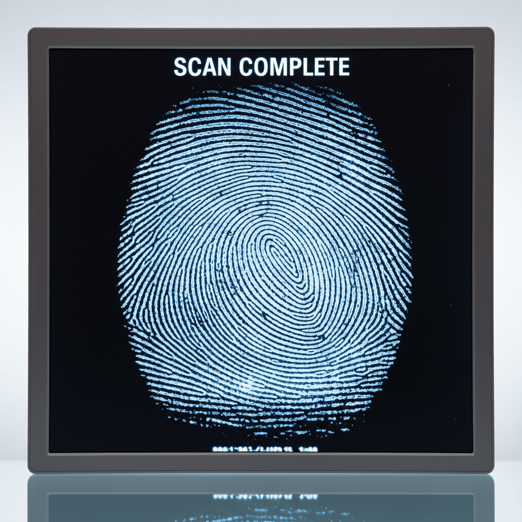 Extreme close-up of a clean digital fingerprint scan on a monitor