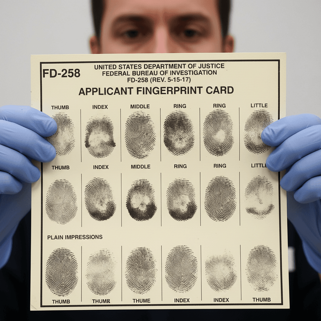 Completed FD-258 fingerprint card held by a technician