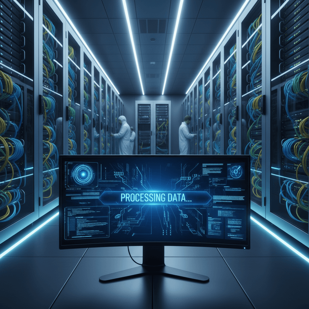 Secure data center with server racks and monitor