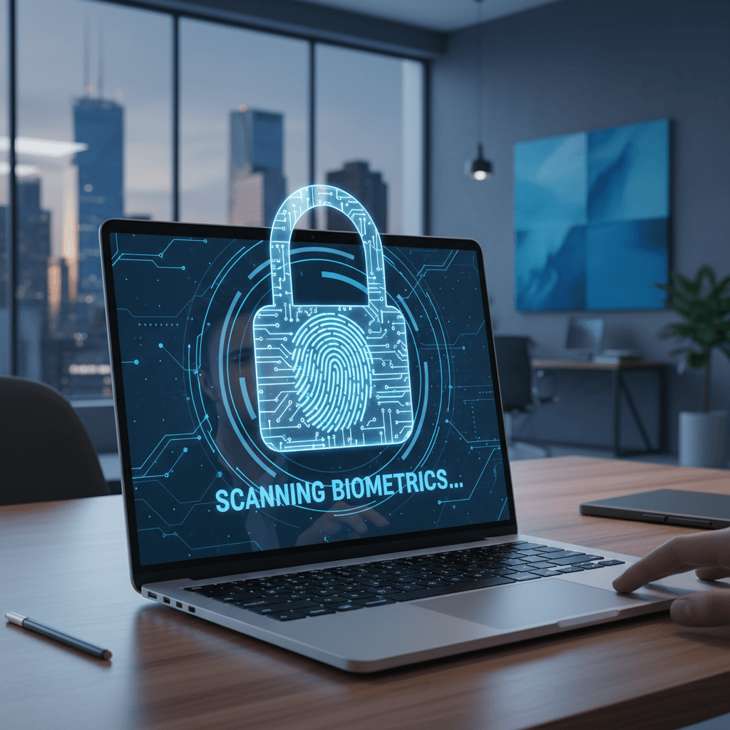 Digital lock icon over a laptop with fingerprint scan displayed