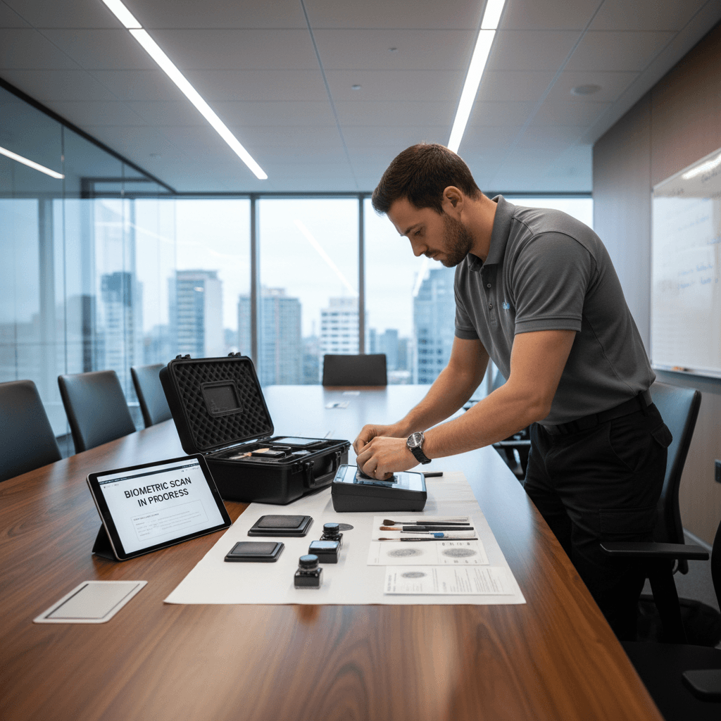 Portable fingerprinting kit set up on a conference table