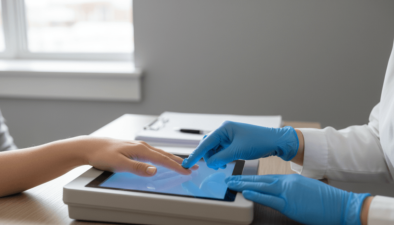 Technician guiding an applicant's fingers on a digital fingerprint scanner