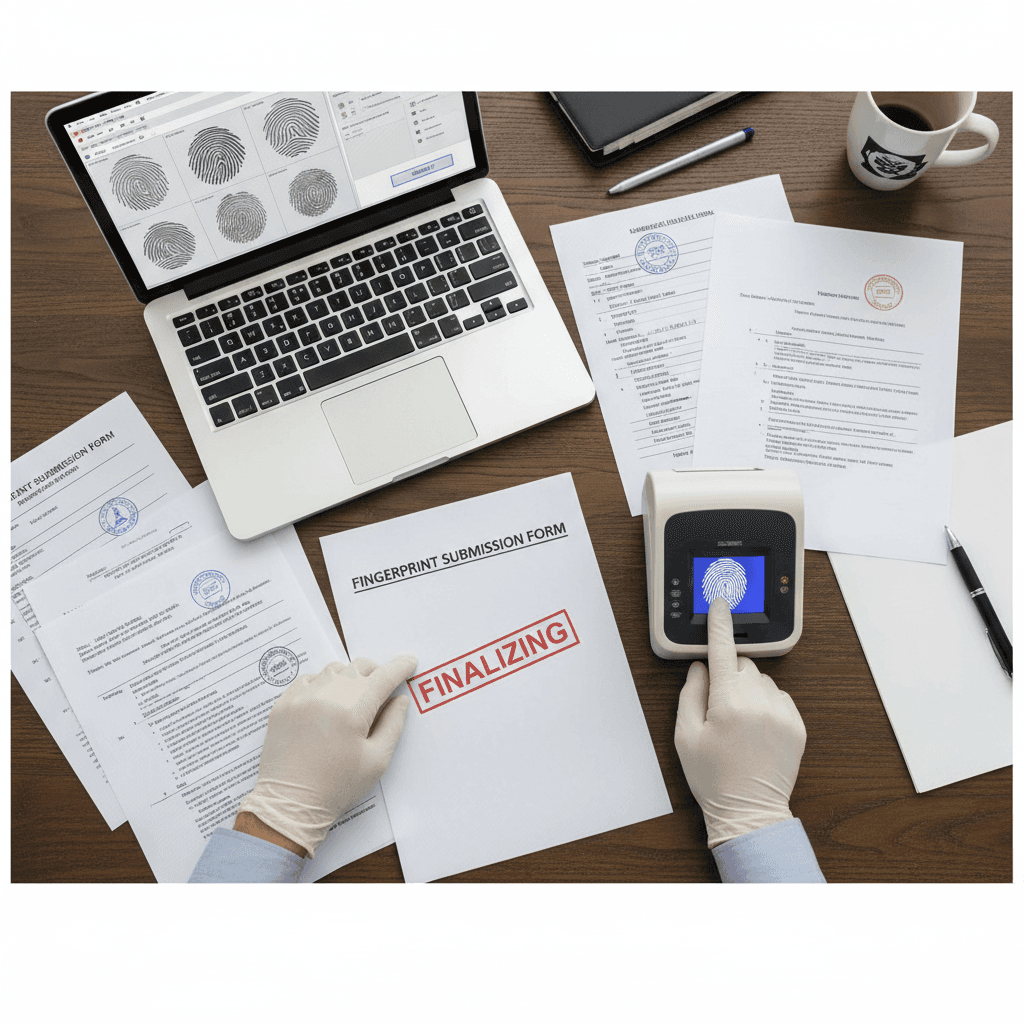 Overhead view of a technician's hands finalizing a fingerprint submission