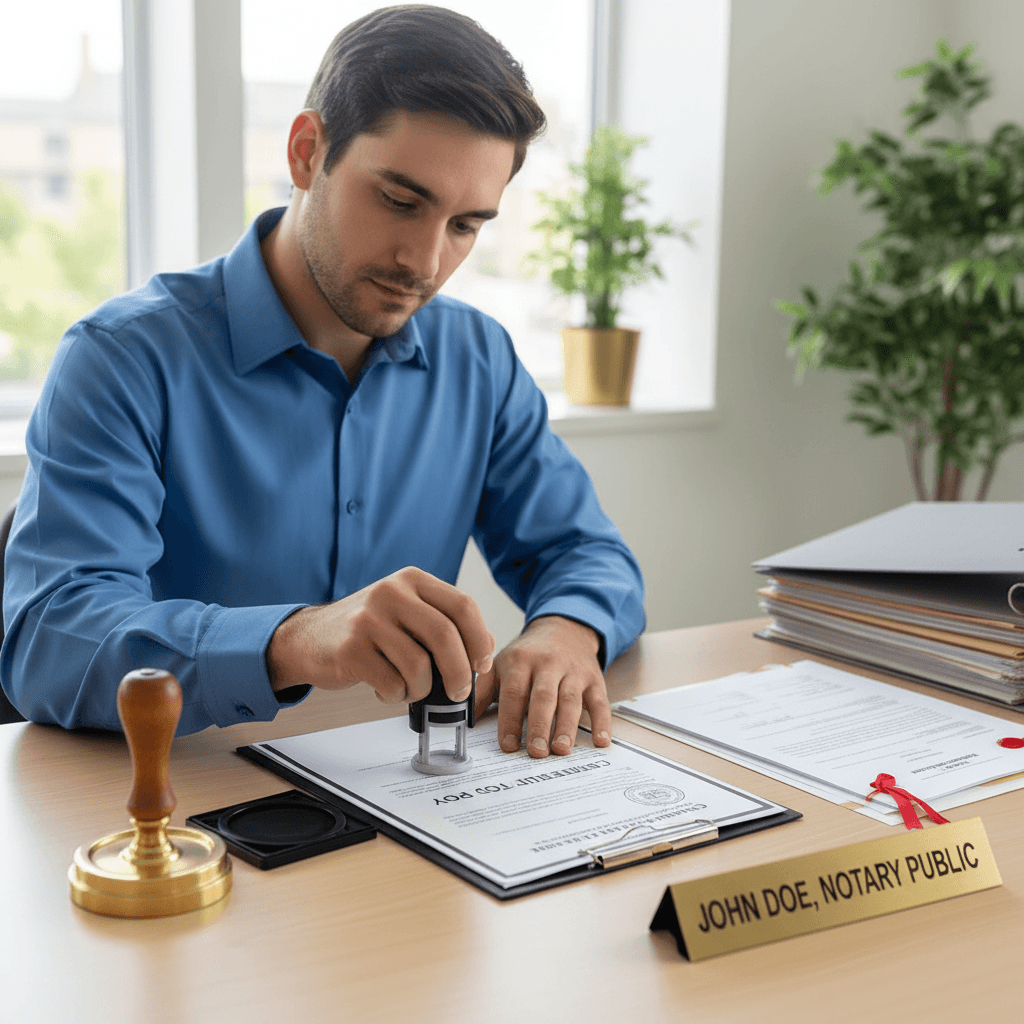 Notary stamping an official document on a desk