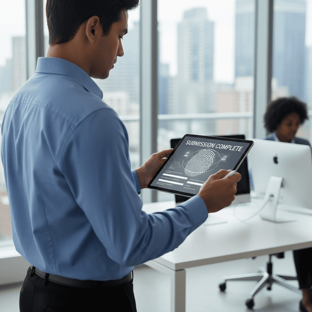 Technician holding tablet with completed digital fingerprint submission form in office