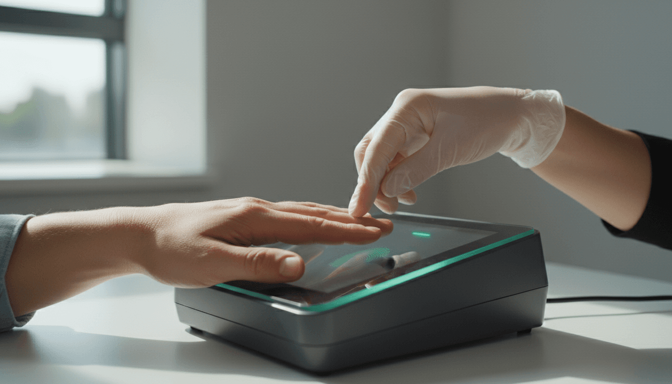Fingerprint technician guiding a client's hand onto a digital live scan device
