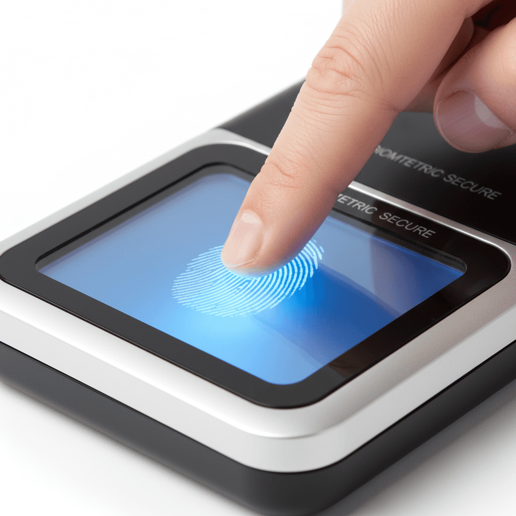 Professional fingerprint scanner capturing a finger on a clean white surface