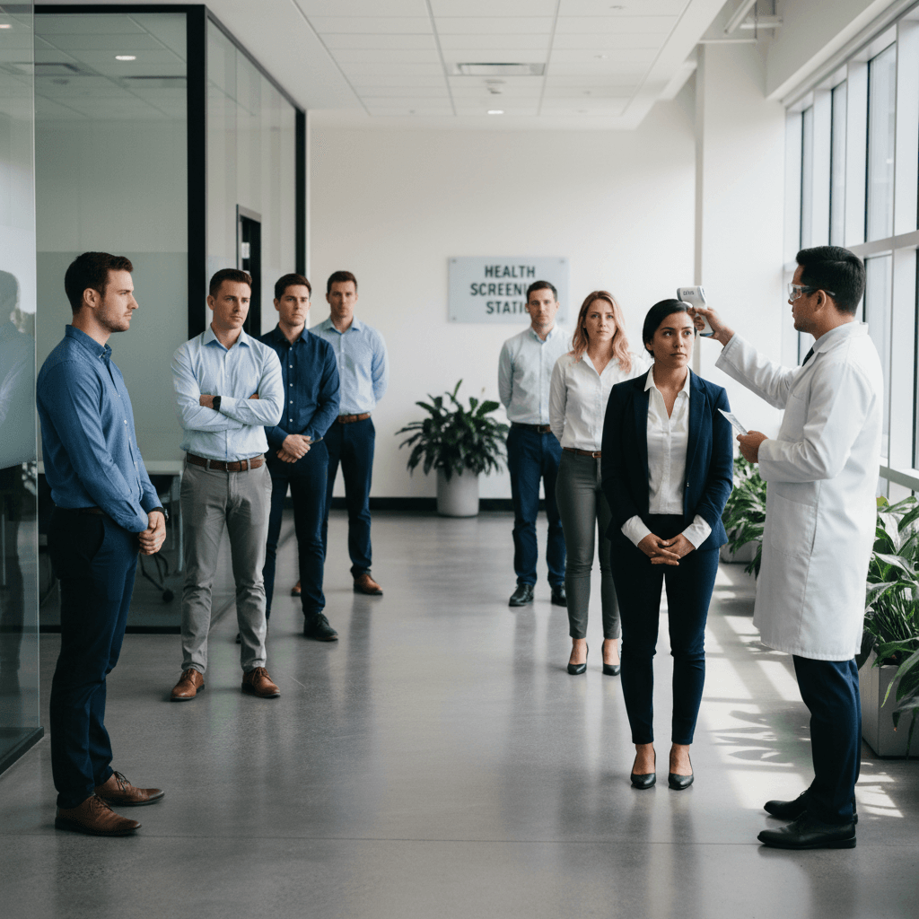 Employees waiting in a company hallway for their turn at a mobile fingerprinting station