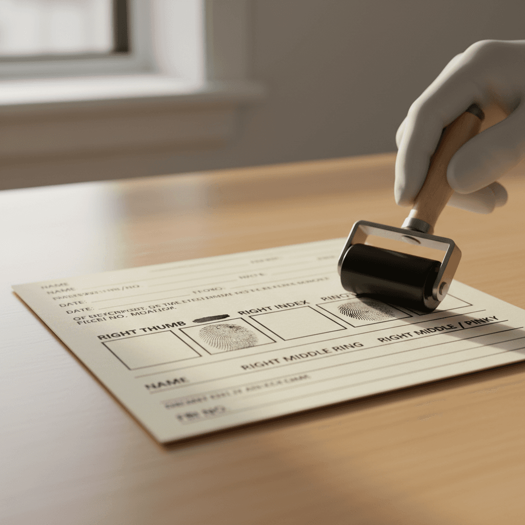 Close-up of a technician's hand rolling an FD-258 ink fingerprint card