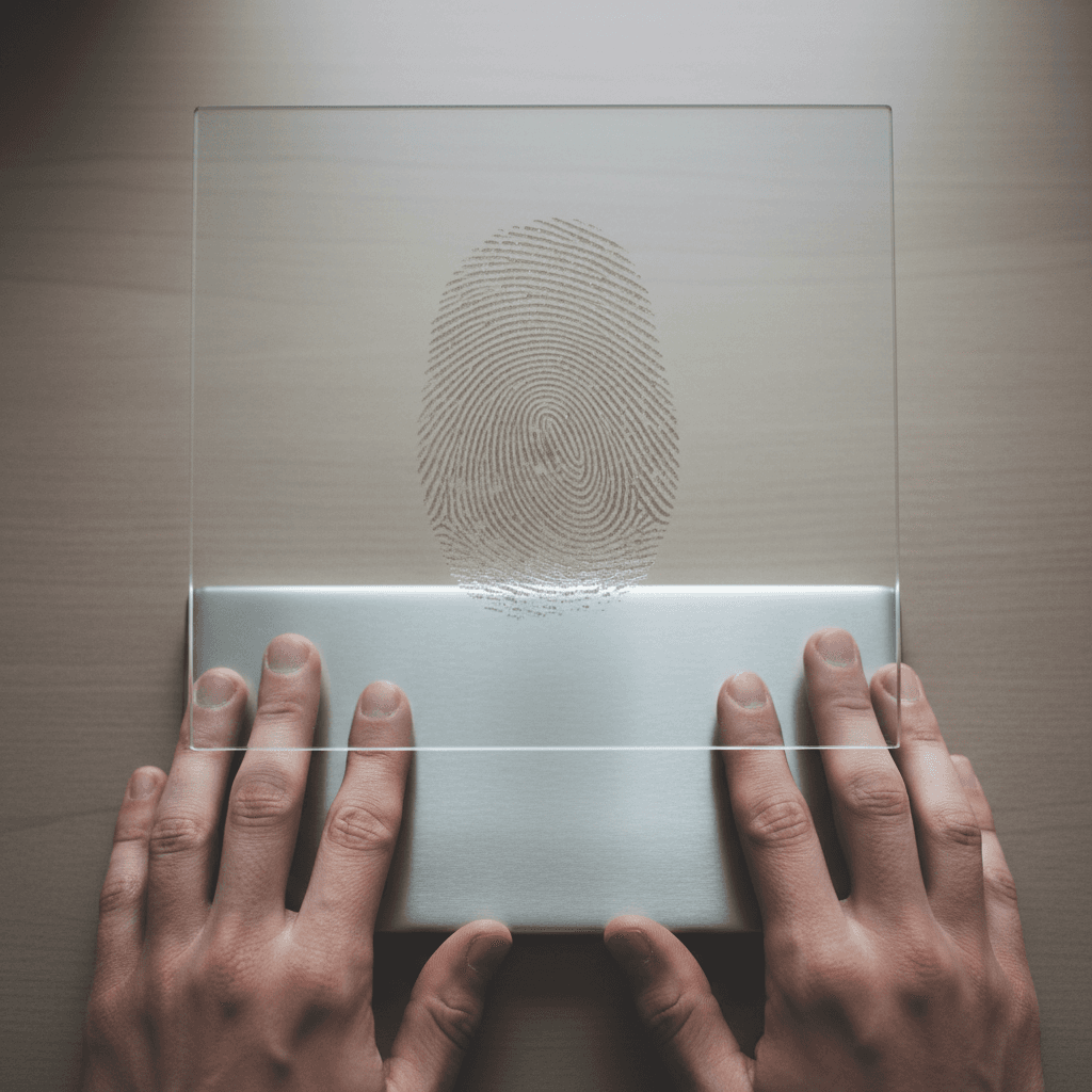 Overhead view of an FBI fingerprint scanner with a clear print visible on screen