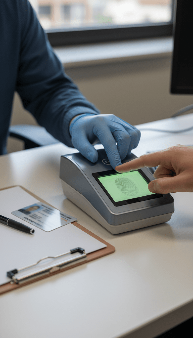Fingerprint technician guiding a client's hand on a live scan device