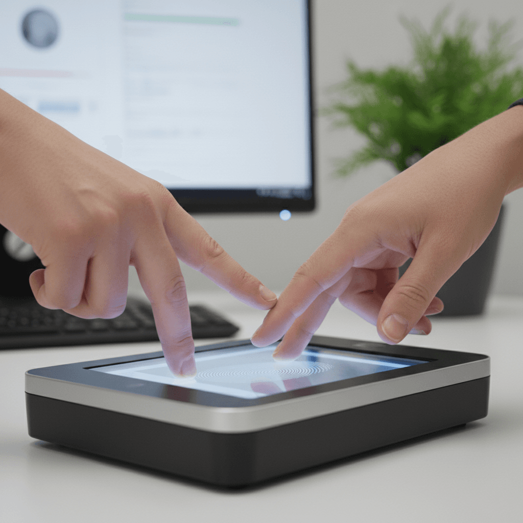 Specialist guiding a person's fingers onto a live scan device