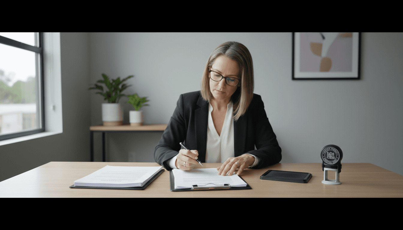 Notary reviewing documents at a desk with a notary stamp