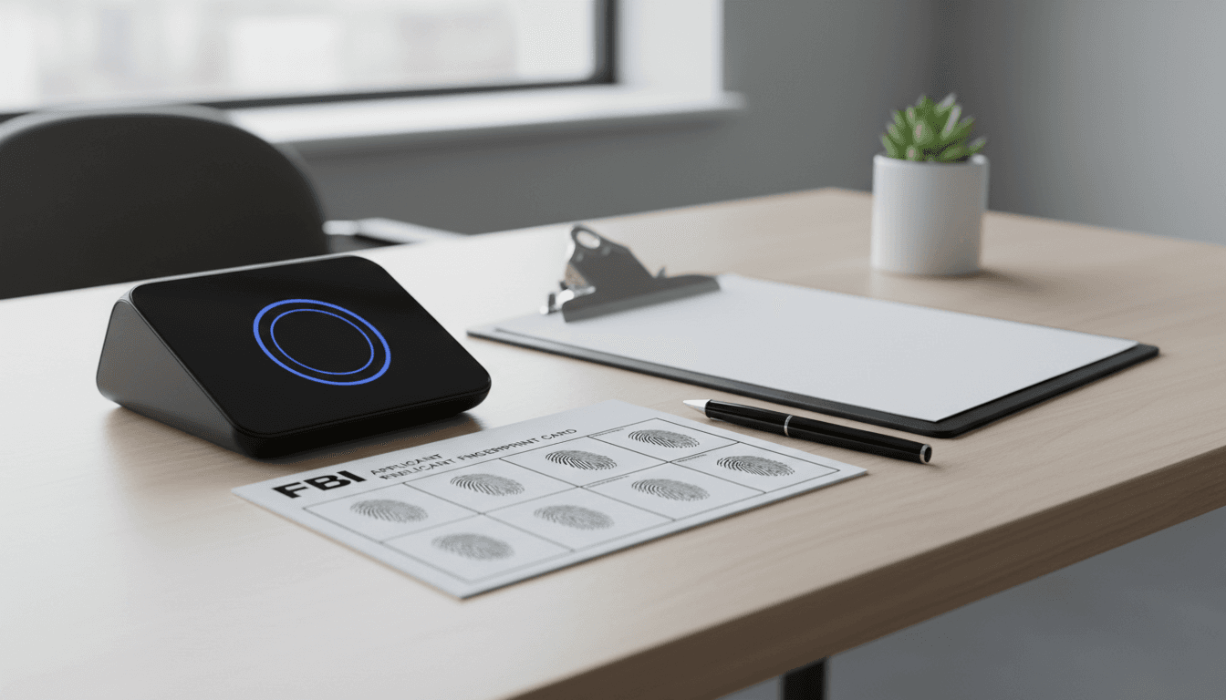 Digital fingerprint scanner and ink card on a clean office desk
